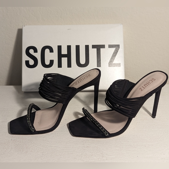 SCHUTZ Shoes - Schutz kimber strappy black suede heels with beading, size 10